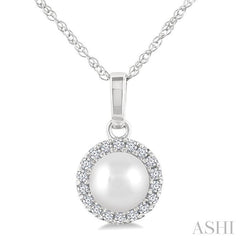 5 MM Cultured White Pearl and 1/20 Ctw Round Cut Diamond Halo Pendant With Chain in 10K White Gold