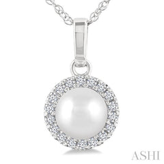 5 MM Cultured White Pearl and 1/20 Ctw Round Cut Diamond Halo Pendant With Chain in 10K White Gold