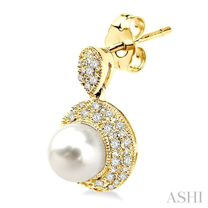 6 MM Cultured Pearl and 1/3 Ctw Round Cut Diamond Earrings in 14K Yellow Gold