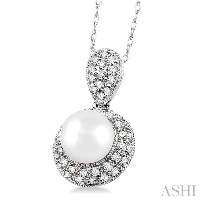 6.5 MM Cultured Pearl and 1/4 Ctw Round Cut Diamond Pendant in 14K White Gold with Chain