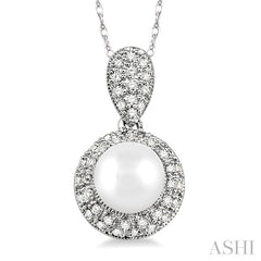 6.5 MM Cultured Pearl and 1/4 Ctw Round Cut Diamond Pendant in 14K White Gold with Chain