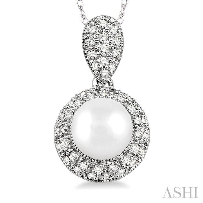 6.5 MM Cultured Pearl and 1/4 Ctw Round Cut Diamond Pendant in 14K White Gold with Chain