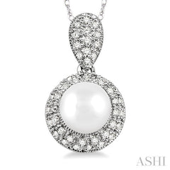 6.5 MM Cultured Pearl and 1/4 Ctw Round Cut Diamond Pendant in 14K White Gold with Chain