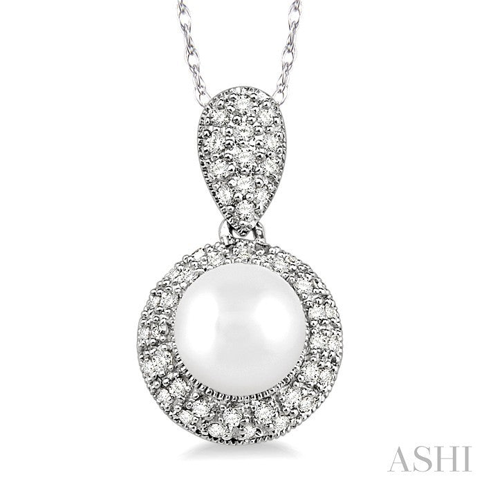 6.5 MM Cultured Pearl and 1/4 Ctw Round Cut Diamond Pendant in 10K White Gold with Chain