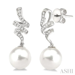 9 MM Cultured Pearls and 1/5 Ctw Round Cut Diamond Earrings in 14K White Gold