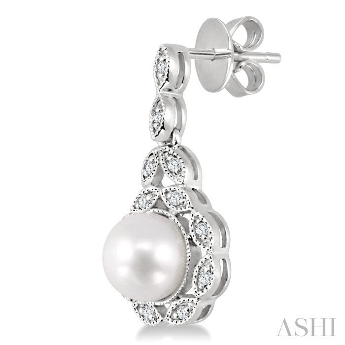 6X6 MM Round Shape Cultured Pearl and 1/8 Ctw Cutwork Marquise Round Cut Diamond Fashion Earring in 14K White Gold