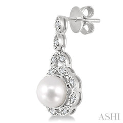 6X6 MM Round Shape Cultured Pearl and 1/8 Ctw Cutwork Marquise Round Cut Diamond Fashion Earring in 14K White Gold