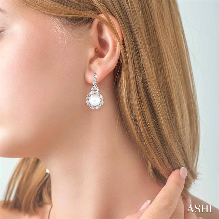 6X6 MM Round Shape Cultured Pearl and 1/8 Ctw Cutwork Marquise Round Cut Diamond Fashion Earring in 14K White Gold
