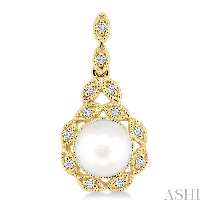 6X6 MM Round Shape Cultured Pearl and 1/8 Ctw Cutwork Marquise Round Cut Diamond Fashion Earring in 14K Yellow Gold