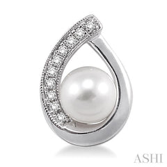 6x6 MM Round Shape Cultured Pearls and 1/10 Ctw Round Cut Diamond Earrings in 14K White Gold
