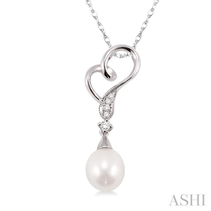 9x7 MM Briolette Cut Cultured Pearl and 1/20 Ctw Round Cut Diamond Drop Pendant in 14K White Gold with Chain