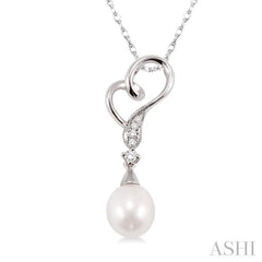 9x7 MM Briolette Cut Cultured Pearl and 1/20 Ctw Round Cut Diamond Drop Pendant in 14K White Gold with Chain