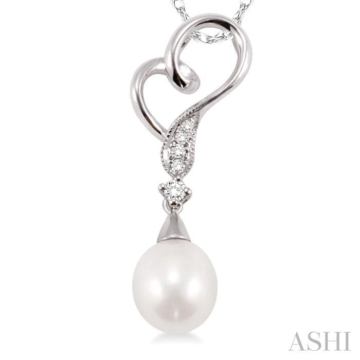 9x7 MM Briolette Cut Cultured Pearl and 1/20 Ctw Round Cut Diamond Drop Pendant in 14K White Gold with Chain