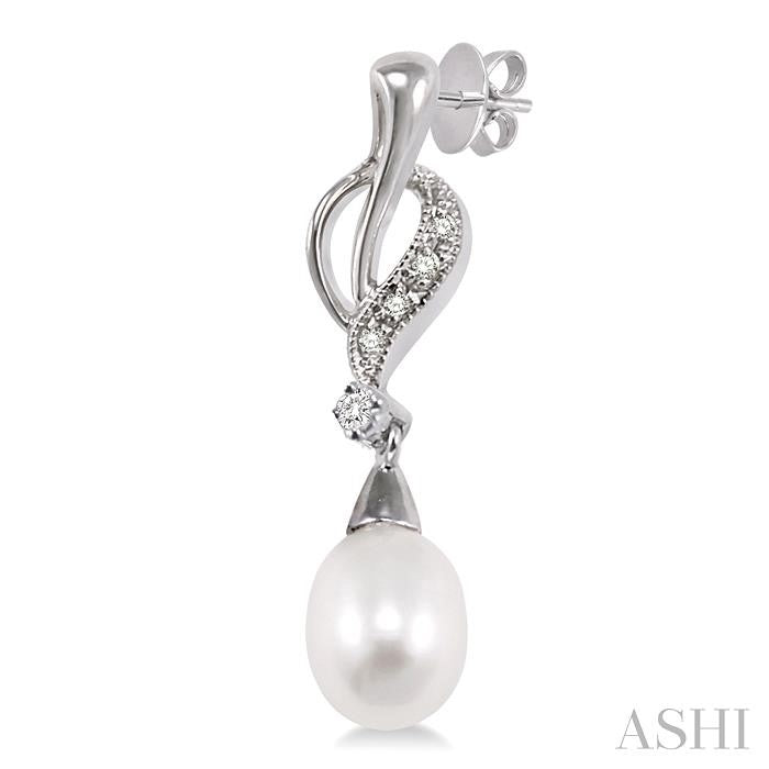 8x6 MM Drop Cut Cultured Pearls and 1/10 Ctw Round Cut Diamond Drop Earrings in 10K White Gold