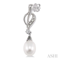 8x6 MM Drop Cut Cultured Pearls and 1/10 Ctw Round Cut Diamond Drop Earrings in 10K White Gold
