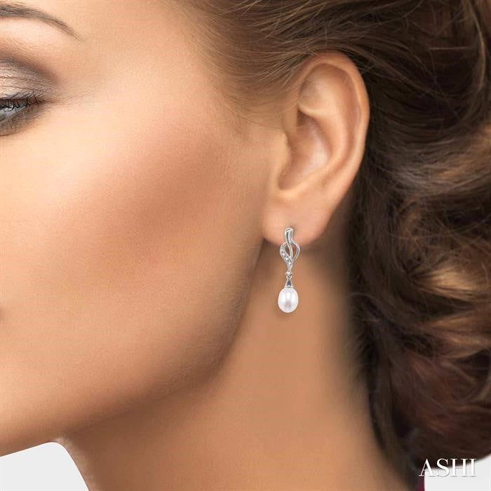8x6 MM Drop Cut Cultured Pearls and 1/10 Ctw Round Cut Diamond Drop Earrings in 10K White Gold