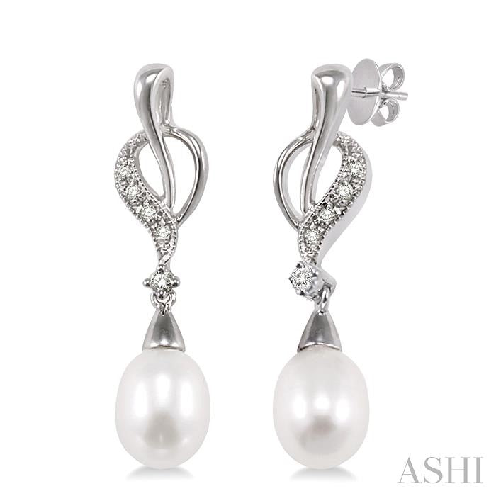 8x6 MM Drop Cut Cultured Pearls and 1/10 Ctw Round Cut Diamond Drop Earrings in 10K White Gold
