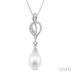 9x7 MM Briolette Cut Cultured Pearl and 1/20 Ctw Round Cut Diamond Drop Pendant in 10K White Gold with Chain