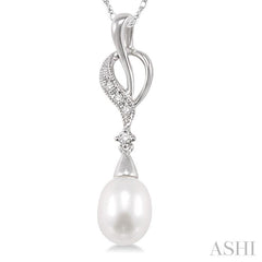 9x7 MM Briolette Cut Cultured Pearl and 1/20 Ctw Round Cut Diamond Drop Pendant in 10K White Gold with Chain