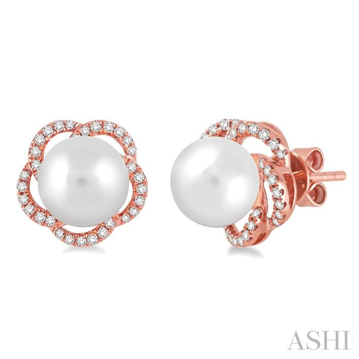 7 MM Cultured Pearls and 1/5 Ctw Round Cut Diamond Earrings in 14K Rose Gold