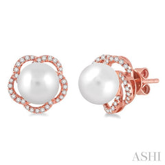 7 MM Cultured Pearls and 1/5 Ctw Round Cut Diamond Earrings in 14K Rose Gold