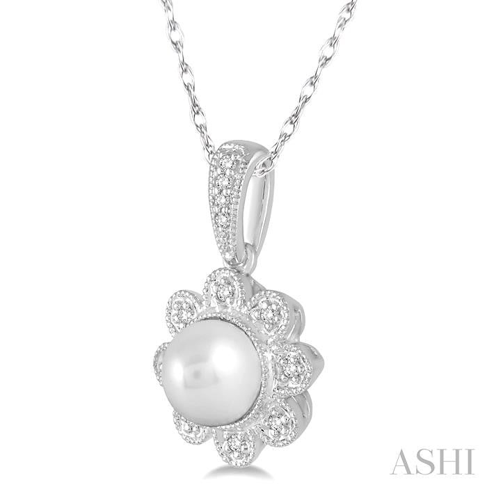 6.5 MM Round Shape Cultured Pearl and 1/20 Ctw Round Cut Diamond Pendant in 10K White Gold with Chain