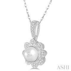 6.5 MM Round Shape Cultured Pearl and 1/20 Ctw Round Cut Diamond Pendant in 10K White Gold with Chain