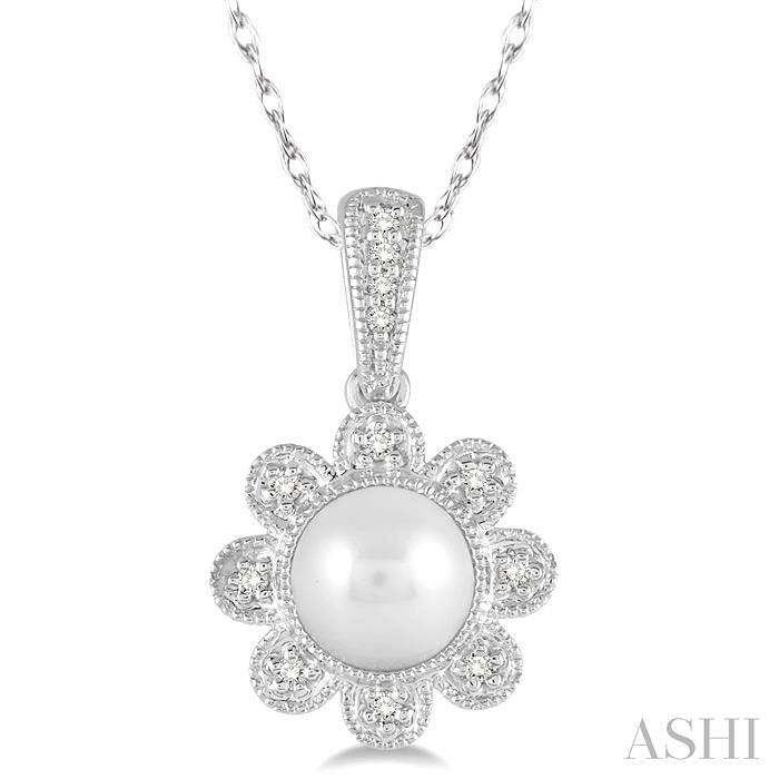 6.5 MM Round Shape Cultured Pearl and 1/20 Ctw Round Cut Diamond Pendant in 10K White Gold with Chain