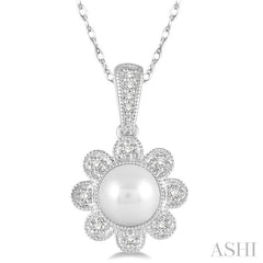 6.5 MM Round Shape Cultured Pearl and 1/20 Ctw Round Cut Diamond Pendant in 10K White Gold with Chain