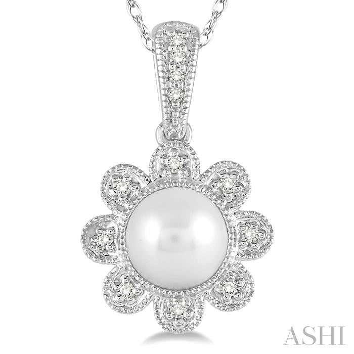 6.5 MM Round Shape Cultured Pearl and 1/20 Ctw Round Cut Diamond Pendant in 10K White Gold with Chain