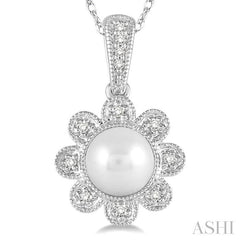 6.5 MM Round Shape Cultured Pearl and 1/20 Ctw Round Cut Diamond Pendant in 10K White Gold with Chain
