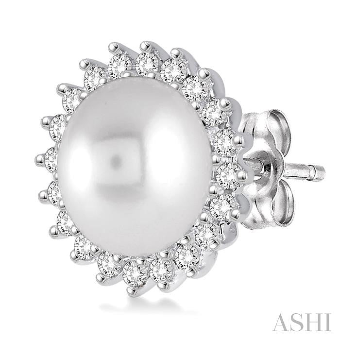 7x7 MM Round Shape Cultured Pearls and 1/4 Ctw Round Cut Diamond Earrings in 14K White Gold