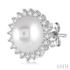 7x7 MM Round Shape Cultured Pearls and 1/4 Ctw Round Cut Diamond Earrings in 14K White Gold