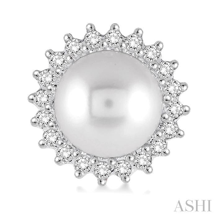 7x7 MM Round Shape Cultured Pearls and 1/4 Ctw Round Cut Diamond Earrings in 14K White Gold