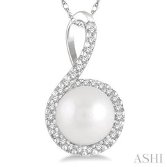 7x7 MM Round Shape Center Cultured Pearl and 1/10 Ctw Round Cut Diamond Pendant With Chain in 10K White Gold