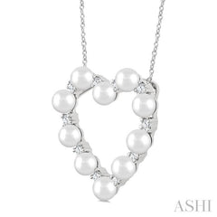 4 MM Round Shape Cultured Pearl and 1/3 Ctw Round Cut Diamond Heart Shape Pendant With Chain in 14K White Gold
