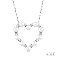 4 MM Round Shape Cultured Pearl and 1/3 Ctw Round Cut Diamond Heart Shape Pendant With Chain in 14K White Gold