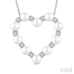 4 MM Round Shape Cultured Pearl and 1/3 Ctw Round Cut Diamond Heart Shape Pendant With Chain in 14K White Gold