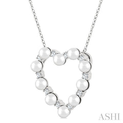 3 MM Round Shape Cultured Pearl and 1/5 Ctw Round Cut Diamond Heart Shape Pendant With Chain in 14K White Gold