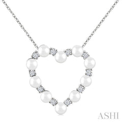 3 MM Round Shape Cultured Pearl and 1/5 Ctw Round Cut Diamond Heart Shape Pendant With Chain in 14K White Gold