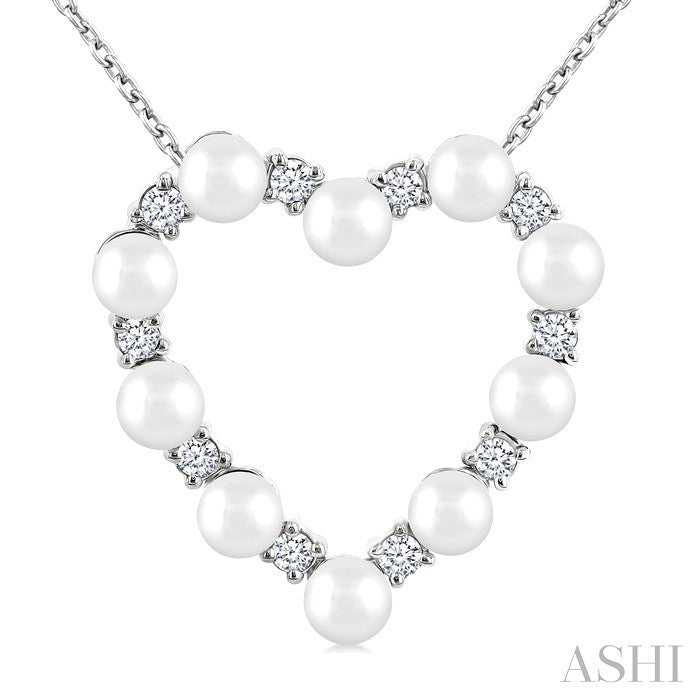 3 MM Round Shape Cultured Pearl and 1/5 Ctw Round Cut Diamond Heart Shape Pendant With Chain in 14K White Gold
