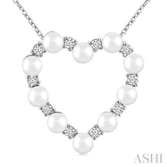 3 MM Round Shape Cultured Pearl and 1/5 Ctw Round Cut Diamond Heart Shape Pendant With Chain in 14K White Gold
