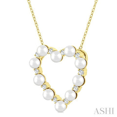3 MM Round Shape Cultured Pearl and 1/5 Ctw Heart Shape Round Cut Diamond Pendant With Chain in 14K Yellow Gold