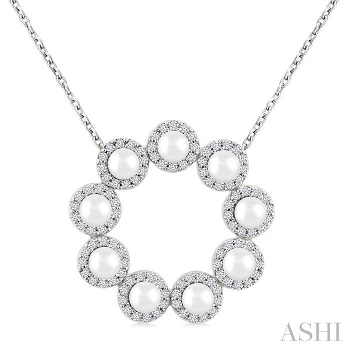 3 MM Round Shape Cultured Pearl and 1/3 Ctw Round Cut Diamond Halo Pendant With Chain in 14K White Gold