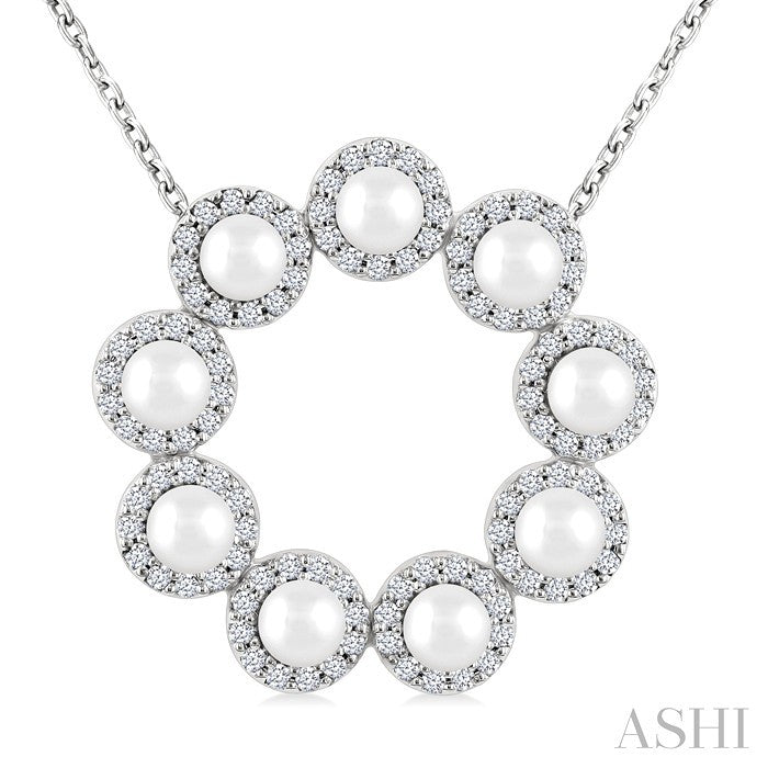 3 MM Round Shape Cultured Pearl and 1/3 Ctw Round Cut Diamond Halo Pendant With Chain in 14K White Gold