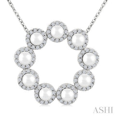 3 MM Round Shape Cultured Pearl and 1/3 Ctw Round Cut Diamond Halo Pendant With Chain in 14K White Gold