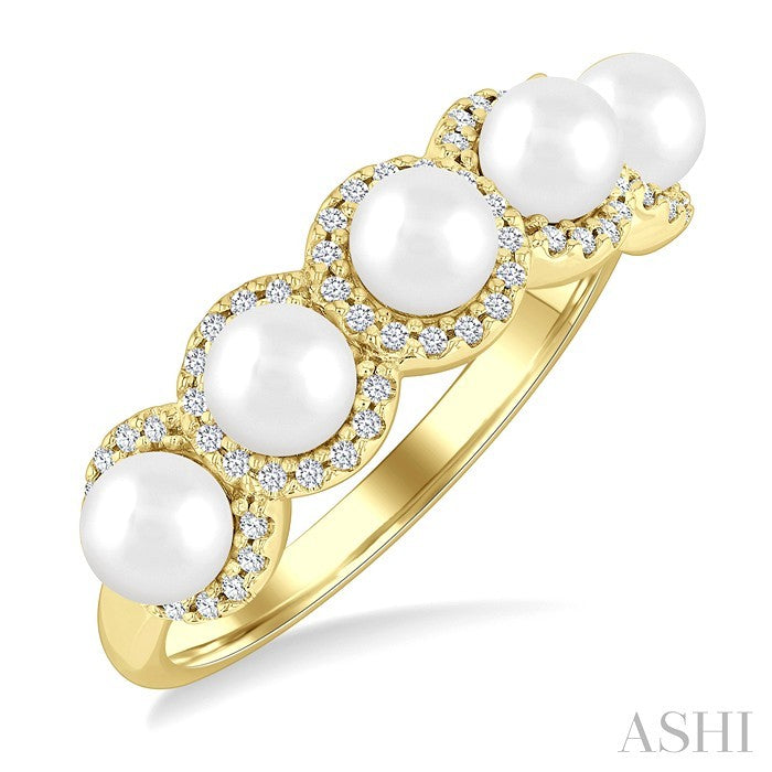 4 MM Round Shape Cultured Pearl and 1/5 Ctw Round Cut Diamond Halo Ring in 14K Yellow Gold