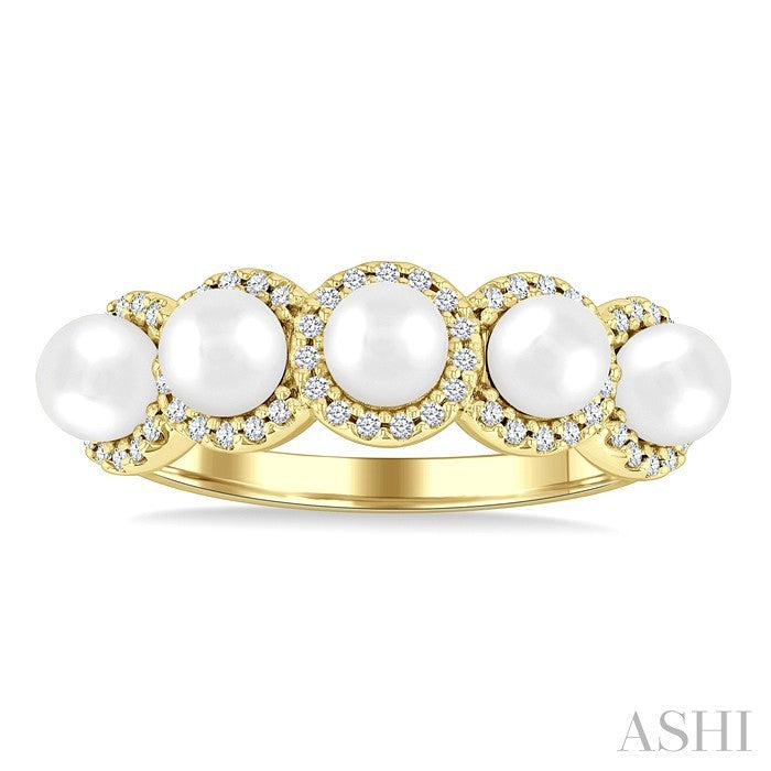 4 MM Round Shape Cultured Pearl and 1/5 Ctw Round Cut Diamond Halo Ring in 14K Yellow Gold