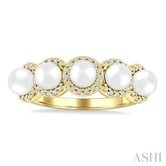 4 MM Round Shape Cultured Pearl and 1/5 Ctw Round Cut Diamond Halo Ring in 14K Yellow Gold