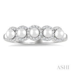 3 MM White Pearl and 1/6 Ctw Round Cut Diamond Halo Ring in 14K White Gold